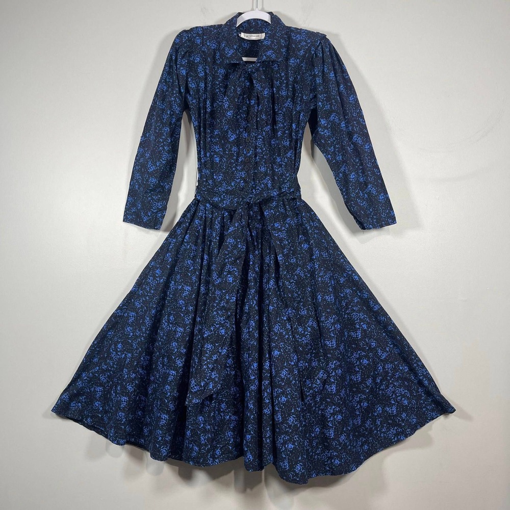 VTG D Frank Belted Full Dress Blue Black Print‎ Button Up Prairie Whimsigoth 80s